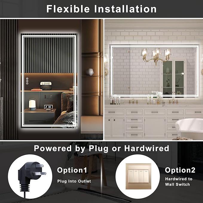 60''x36'' Lighted Mirrors for Bathroom Wall Backlit + Front Lit, Rectangular LED Bathroom Mirror Frameless with Lights Anti Fog, Dimmable, 3 Colors,Tempered Glass, Shatter-Proof (Color 1