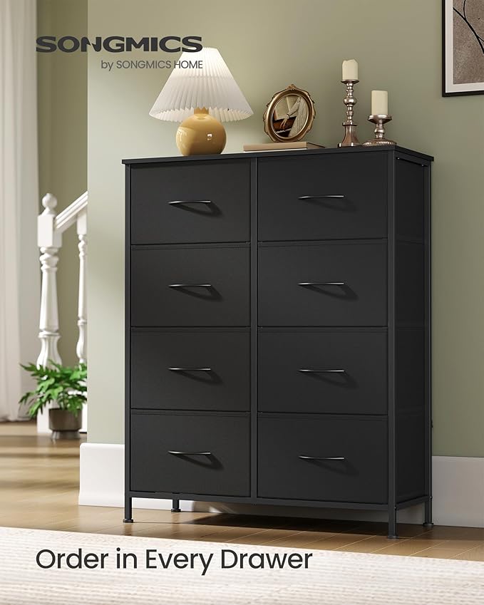 SONGMICS Dresser for Bedroom, Chest of Drawers, Steel, MDF, 8 Non-Woven Fabric Drawers, Storage Organizer Unit, Closet, Entryway, Ink Black and Ebony Black LGS124B01S