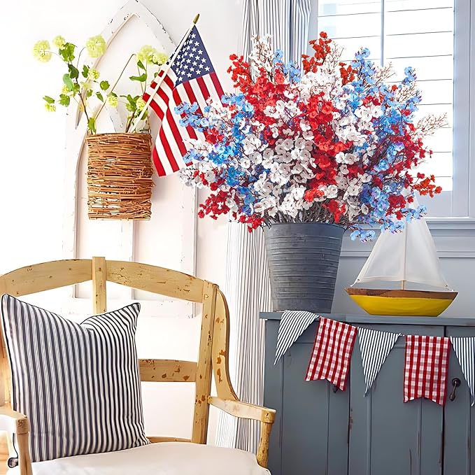 Uieke 30 Pcs 4th of July Artificial Flowers Fake Patriotic Babys Breath Flowers for Independence Day Decor Blue White Red Silk Flowers for Memorial Day Floral Arrangement Home Wedding