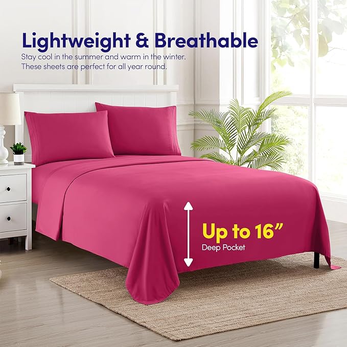 Sweet Home Collection Full Size Sheet Set with Built-in Sheet Straps - Deep Pocket Fitted Sheet, Flat Sheet & Pillowcases - Soft, Wrinkle-Free, Secure Fit - Fuschia
