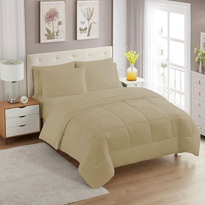 Sweet Home Collection 7 Piece Comforter Set Bag Solid Color All Season Soft Down Alternative Blanket & Luxurious Microfiber Bed Sheets, Taupe, Queen