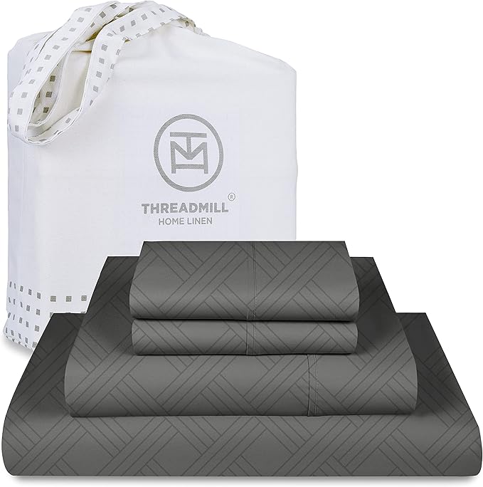 Threadmill Luxury 100% Cotton King Sheets - 800 Thread Count Jacquard Celine Dark Grey, Better Than Egyptian Cotton,4 Pc Striped Bed Set, Damask Sheets, Fits 16'' Deep Pocket