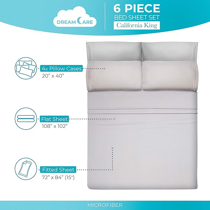 DREAMCARE California King Sheet Sets – 6 pcs Cooling Bed Sheets – up to 15” Deep Cal King Sheets – 2500 Supreme Collection – Extra Soft 100% Brushed Microfiber Hotel Luxury with Side Pocket – L Gray