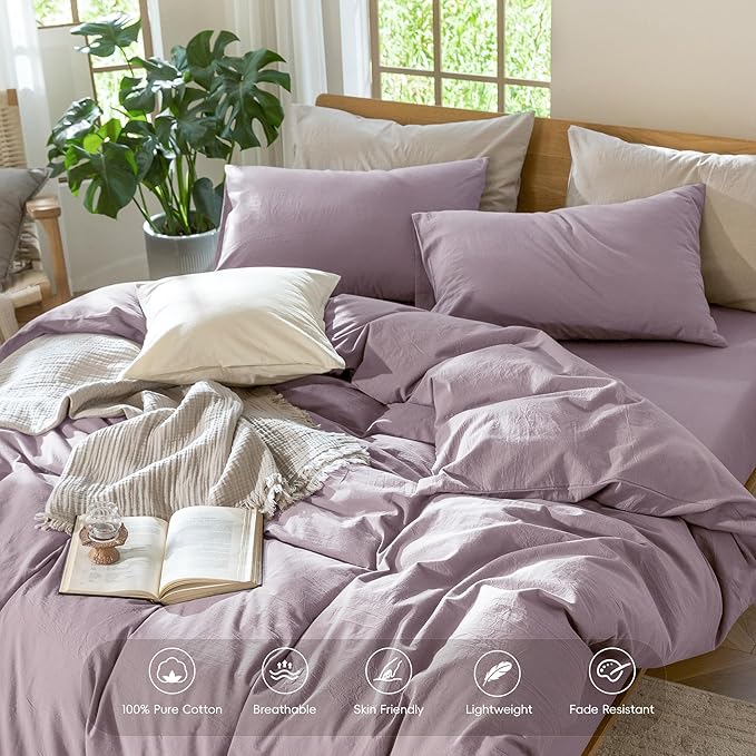 MooMee Bedding Duvet Cover Set 100% Washed Cotton Linen Like Textured Breathable Durable Soft Comfy (Solid Taro Purple, Queen 90"x90")