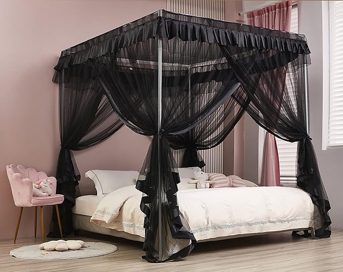 Mengersi 4 Corner Post Bed Canopy Bed Curtains Mosquito Net Bedroom Decoration Accessories (Twin, Black)