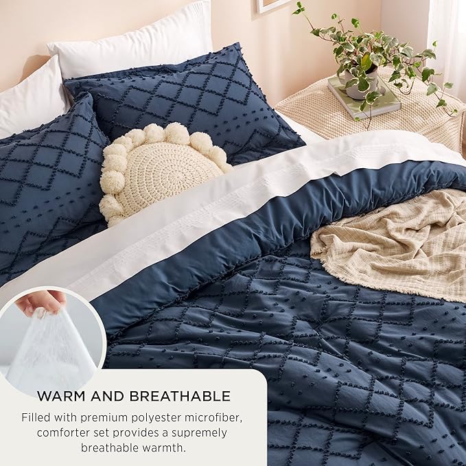 Bedsure Full Comforter Set - Navy Blue Comforter, Boho Tufted Shabby Chic Bedding for Kids, 3 Pieces Vintage Farmhouse Bed Set for All Seasons, Fluffy Soft Bedding with 2 Pillow Shams