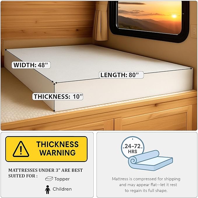 Foamma 10” x 48” x 80” Truck, Camper, RV High-Density Bunk Mattress Foam Replacement, Made in USA, Comfortable, Travel Trailer, CertiPUR-US Certified, Cover Not Included