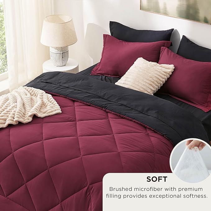 Bedsure Queen Comforter Set - 7 Pieces Reversible Burgundy and Black Bedding, Queen Size Bed Set for All Seasons, Bed in a Bag with Down Alternative Comforter, Sheets, Pillowcases & Shams