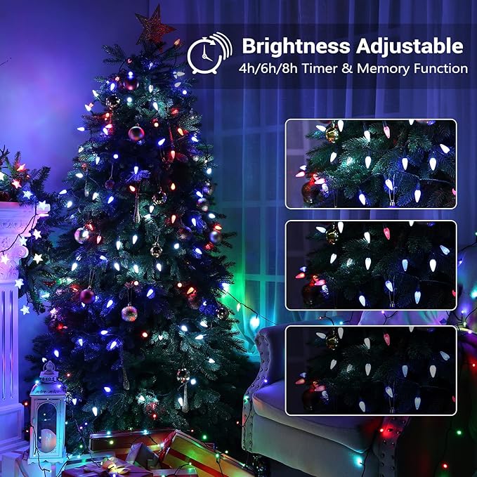 Brizled RGB Christmas Lights, 33ft 100 LED C5 Color Changing Outdoor, Connectable String Lights with Remote, Dimmable Xmas Tree Party