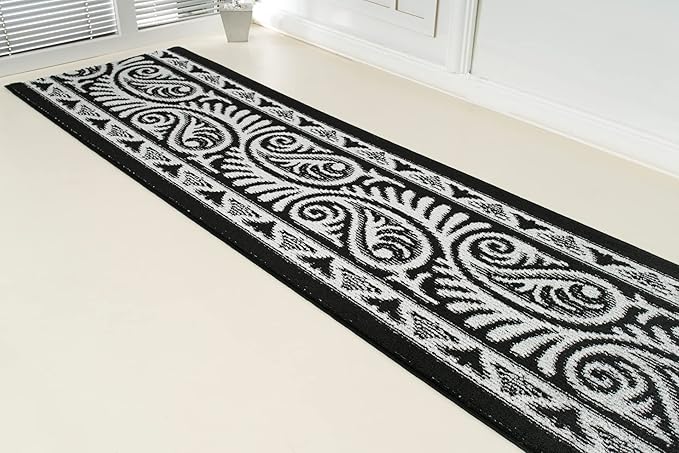 Custom Length Cut to Size Tribal Ethnic Southwestern Inspired Hallway Runner Rug, Non Slip Rubber Backed, 31 inch Wide X Customized Length, Mayan Black, 31 inch X 20 feet