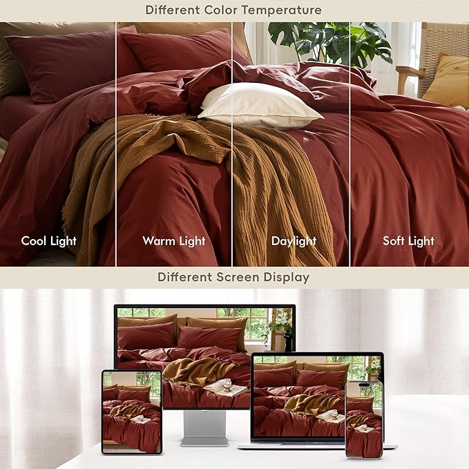 MooMee Bedding Duvet Cover Set 100% Washed Cotton Linen Like Textured Breathable Durable Soft Comfy (Solid Fired Brick Red, Full 80"x90")