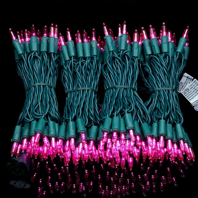 YULETIME 200 Count Pink LED Christmas Lights, 66 Feet Green Wire UL Certified Commercial Grade Holiday String Light Set (Pink)