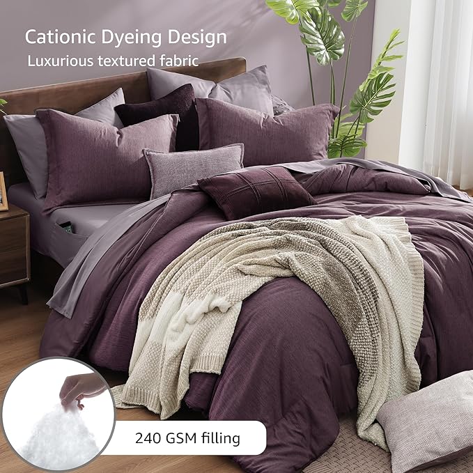 Monbix Oversized Queen Comforter Set - 7 Pieces Cationic Dyeing Italian Plum Bed in a Bag Bedding Sets with Comforter, Sheets, Pillowcases & Shams, Reversible Bedding Comforters Sets