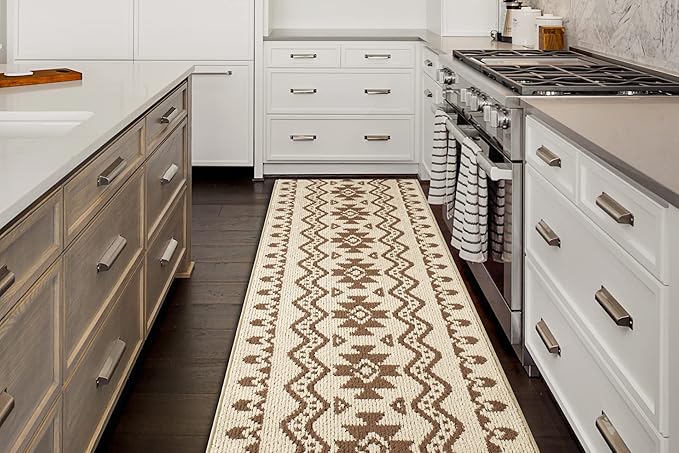 Custom Length Cut to Size Tribal Ethnic Southwestern Inspired Hallway Runner Rug, Non Slip Rubber Backed, 31 inch Wide X Customized Length, Aztec Beige, 31 inch X 20 feet