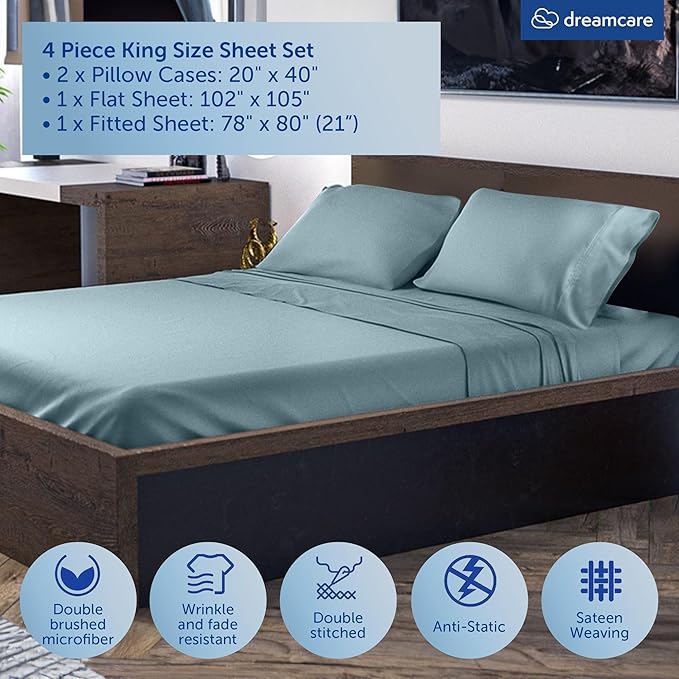 DREAMCARE King Size Sheets Set – 4 pcs Cooling Sheets – up to 21” Deep Pocket King Sheet Set – Hotel Luxury Sheets & Pillowcases – Superior Softness 100% Microfiber with Side Pocket - Mineral Blue