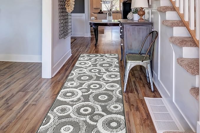 Custom Length Cut to Size Retro Modern Geometric Carpet Runner Rug for Hallways, Non Slip Rubber Backed, 31 inch Wide X Customized Length, Geo Grey, 31 inch X 21 feet