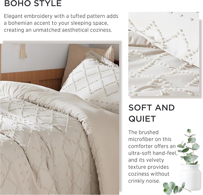 Bedsure Twin Comforter Set - Beige Comforter, Boho Tufted Shabby Chic Bedding for Kids, 2 Pieces Vintage Farmhouse Bed Set for All Seasons, Fluffy Soft Bedding with 1 Pillow Sham