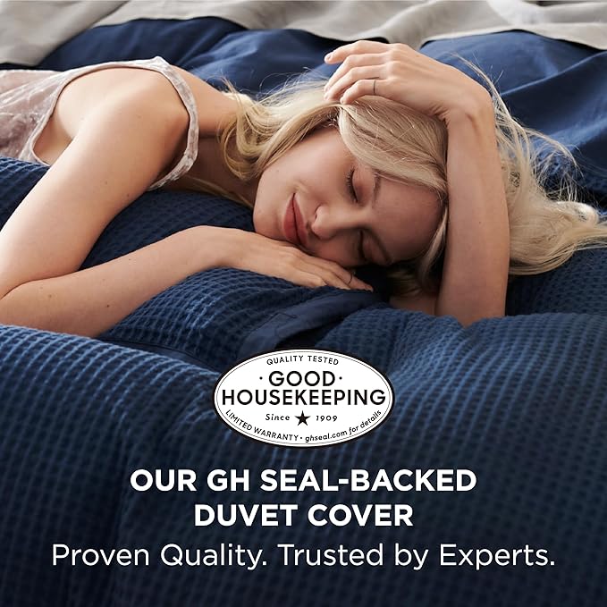 Bedsure Cotton Duvet Cover Set - 100% Cotton Waffle Weave Navy Duvet Cover California King, GentleSoft™ and Breathable Cal King Bedding Set for All Season, 3 Pieces, 104"x98"