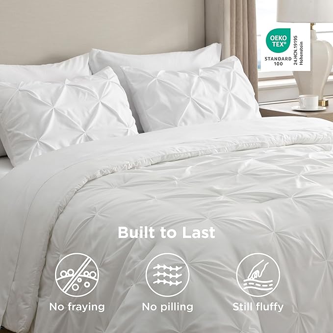 Bedsure King Size Comforter Set White - Bed in a Bag Bedding Set 7 Pieces, GentleSoft™ Pintuck Bed Set Gift for Family, Pinch Pleat White Comforter with Sheets, Pillowcases & Shams