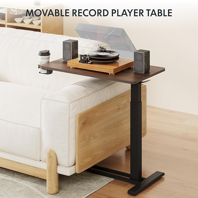 FLEXISPOT Medical Adjustable Overbed Bedside Table with Wheels Pneumatic Mobile Standing Desk Laptop Desk Rolling Computer Cart Movable Table Hospital Home Use(31.5" W x 17.7" D, Mahogany Large)