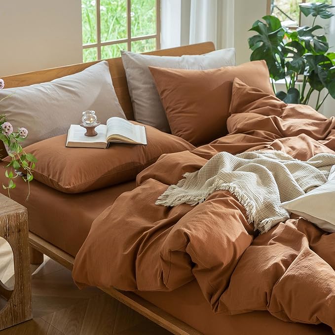 MooMee Bedding Duvet Cover Set 100% Washed Cotton Linen Like Textured Breathable Durable Soft Comfy (Solid Dark Orange, Alaska King 132"x120")