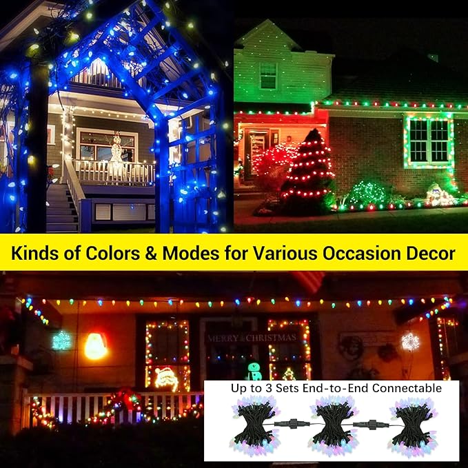 Brizled RGB Christmas Lights, 33ft 100 LED C5 Color Changing Outdoor, Connectable String Lights with Remote, Dimmable Xmas Tree Party