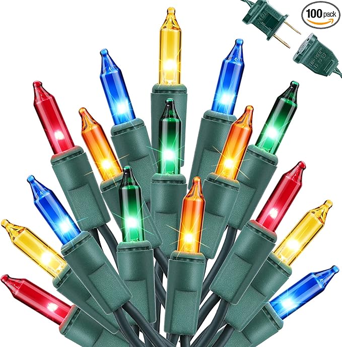 Toodour Multicolor Christmas Lights, 25ft 100 Count Incandescent Christmas String Lights, UL Certified Connectable Green Wire Xmas Lights for Tree, Holiday, Party, New Year, Indoor Xmas Decorations