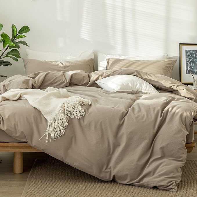 MooMee Bedding Duvet Cover Set 100% Washed Cotton Linen Like Textured Breathable Durable Soft Comfy (Solid Light Camel, Oversized King Plus 128"x120")