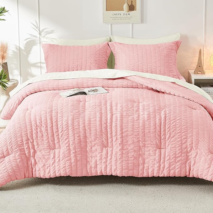 HYMOKEGE Pink/Ivory King Size Comforter Set Seersucker 7 Pieces, All Season Luxury Bed in a Bag for Bedroom, Bedding Set with Comforter, Sheets, Pillowcases & Shams