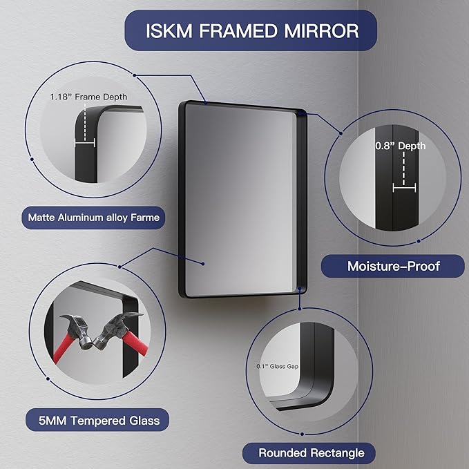 ISKM Large Black Framed Mirror for Bathroom 60" x 36" Wall Mounted Mirror Black Metal Framed Bathroom Mirror for Wall Round Corner Hangs Horizontal Or Vertical