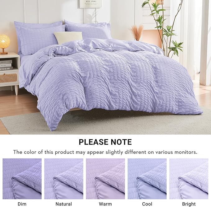 HYMOKEGE Light Purple California King Comforter Set Seersucker 7 Pieces, All Season Luxury Bed in a Bag for Bedroom, Bedding Set with Comforter, Sheets, Pillowcases & Shams