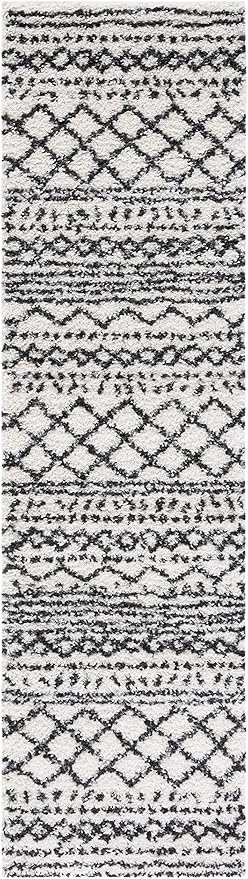SAFAVIEH Arizona Shag Collection Runner Rug - 2'3" x 10', Ivory & Black, Moroccan Design, Non-Shedding & Easy Care, 1.6-inch Thick Ideal for High Traffic Areas in Living Room, Bedroom (ASG741Z)