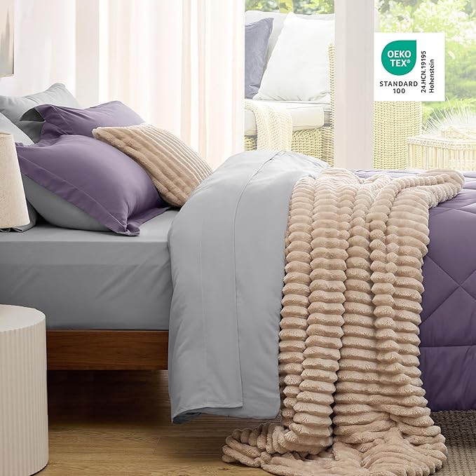 Bedsure Twin XL Comforter Set - 5 Pieces Reversible Grayish Purple Bedding, Twin XL Size Bed Set for All Seasons, Bed in a Bag with Down Alternative Comforter, Sheets, Pillowcase & Sham