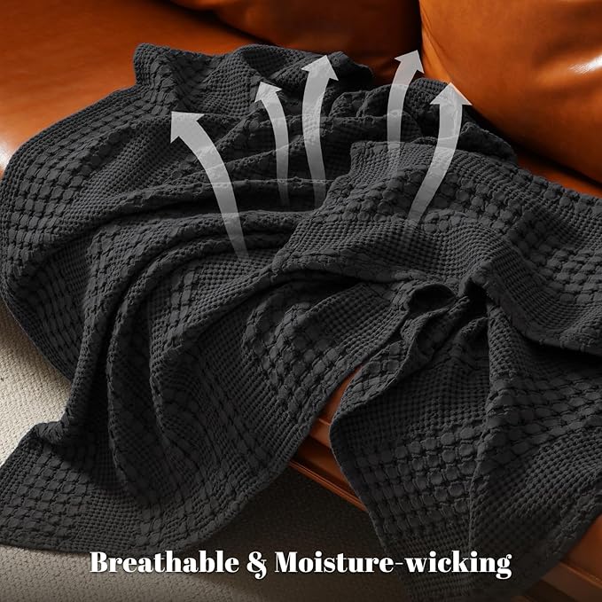 PHF 100% Cotton Waffle Weave Throw Blanket, Soft Lightweight Breathable Cozy Throws for Couch Bed Sofa, Luxury Aesthetic Woven Blanket for Home Decor & Office, 50"x60", Black
