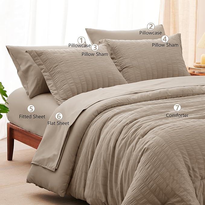 CozyLux Full Size Comforter Sets with Sheets Seersucker 7 Pieces Khaki Bed in a Bag Textured Luxury Soft Bedding Set with Down Alternative Comforter, Sheets, Pillowcases & Shams for All Seasons