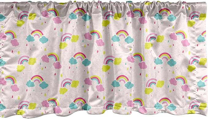 Ambesonne Cartoon Window Valance, Pastel Rainbows Clouds Raindrops Sky Theme, Curtain Valance for Kitchen Bedroom Decor with Rod Pocket, 54" X 12", Rose and Multicolor
