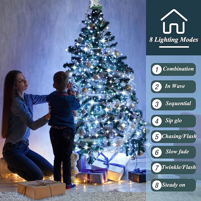 Christmas Tree Lights String, 200LED Christmas Lights for Tree with 8 Light Modes & Memory Function, 5FT x 10 String Lights with Timing & Remote Control for Xmas Holiday Decorations - Cold White