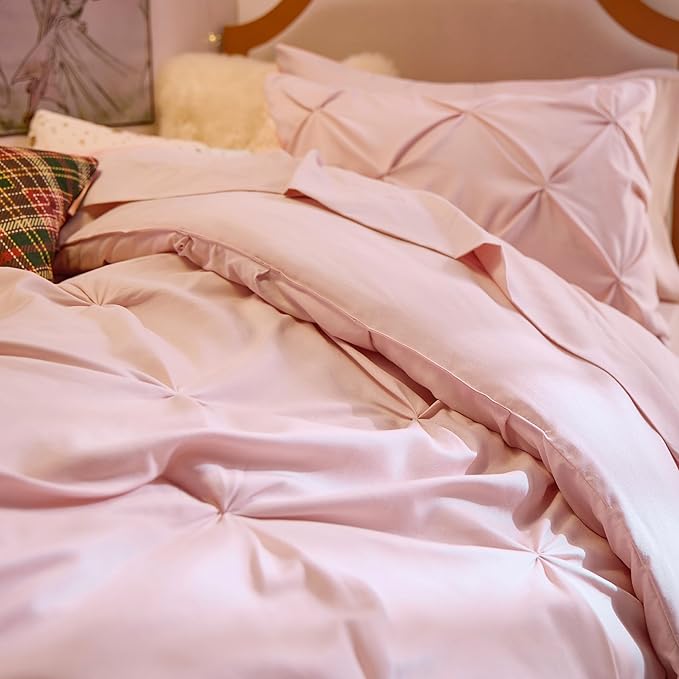 Bedsure Twin Comforter Set Pink for Women - Bed in a Bag Twin Size Bedding 5 Pieces, GentleSoft™ Pintuck Bed Set Gift for Family, Pinch Pleat Pink Comforter with Sheets, Pillowcase & Sham