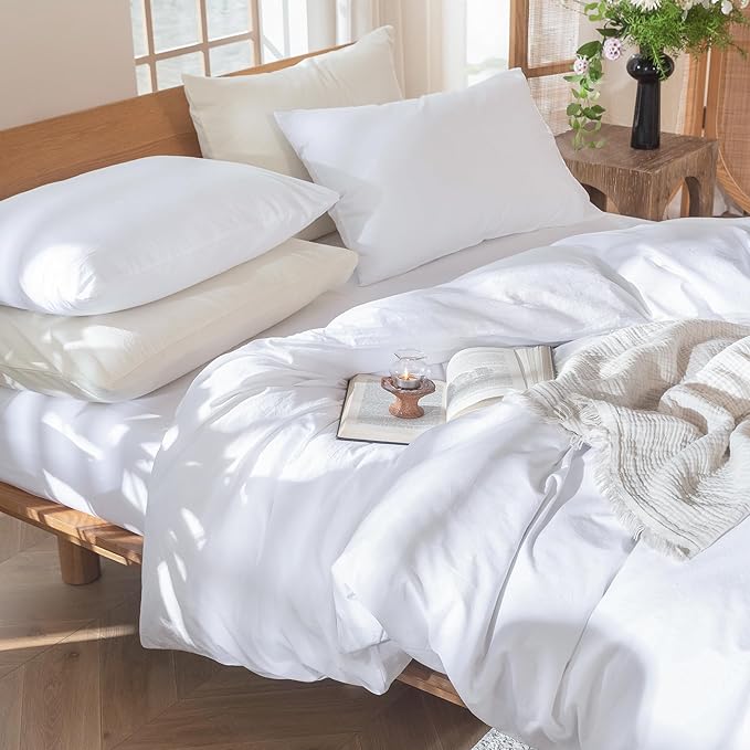 MooMee Bedding Duvet Cover Set 100% Washed Cotton Linen Like Textured Breathable Durable Soft Comfy (Solid Bright White, Super King 108"x98")