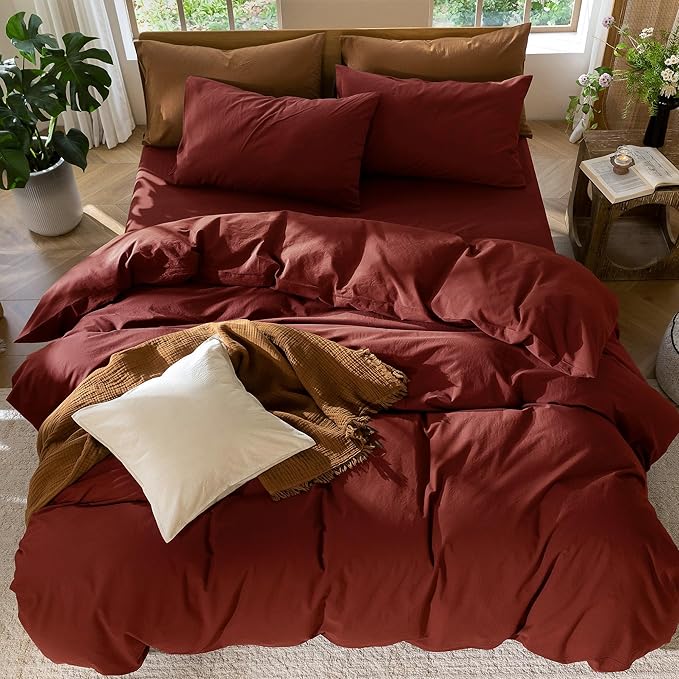 MooMee Bedding Duvet Cover Set 100% Washed Cotton Linen Like Textured Breathable Durable Soft Comfy (Solid Fired Brick Red, Full 80"x90")