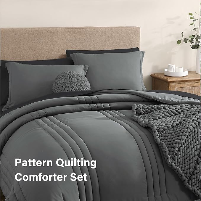 Monbix Full Comforter Set - 7 Pieces Grey Bed in a Bag Full Size Bedding Sets with Comforters, All Seasons Down Alternative Comforter with Sheets,Pillowcases & Shams