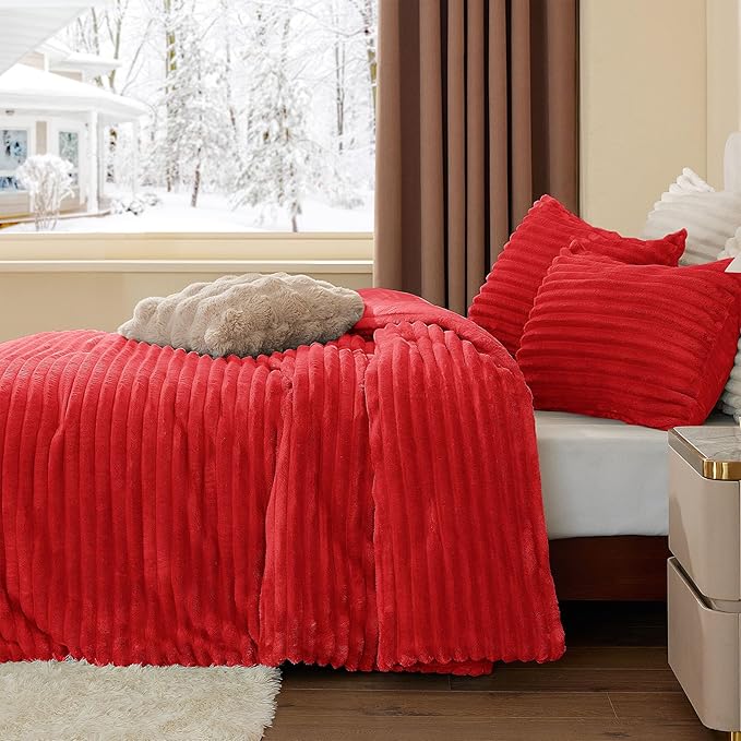 BEDELITE Fleece King Comforter Set -Super Soft & Warm Fluffy Red Bedding, Luxury Fuzzy Heavy Bed Set for Winter with 2 Pillow Cases