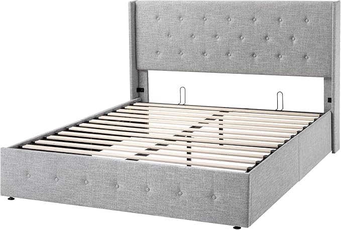 Allewie Queen Size Lift Up Storage Bed, Button Tufted Headboard with Wingback, Hydraulic Support, No Box Spring Needed, Light Grey
