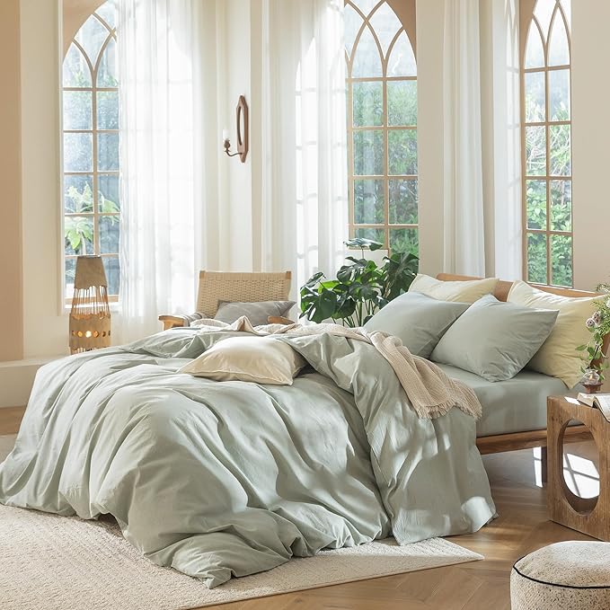 MooMee Bedding Duvet Cover Set 100% Washed Cotton Linen Like Textured Breathable Durable Soft Comfy (Heathered Sage Green, Twin 68"x90")