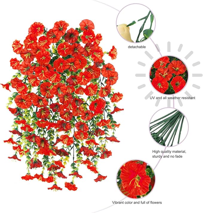 6-Pack Outdoor Faux Plants, 69-Flowered Large Morning Glory, Uv-Resistant Artificial Morning Glory,Perfect for Outdoor Decoration in All Seasons Such as Porches and Gardens (Orange)