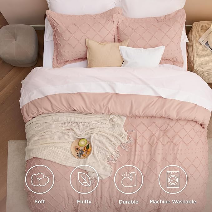 Bedsure Twin Comforter Set - Coral Pink Comforter, Boho Tufted Shabby Chic Bedding for Kids, 2 Pieces Vintage Farmhouse Bed Set for All Seasons, Fluffy Soft Bedding with 1 Pillow Sham
