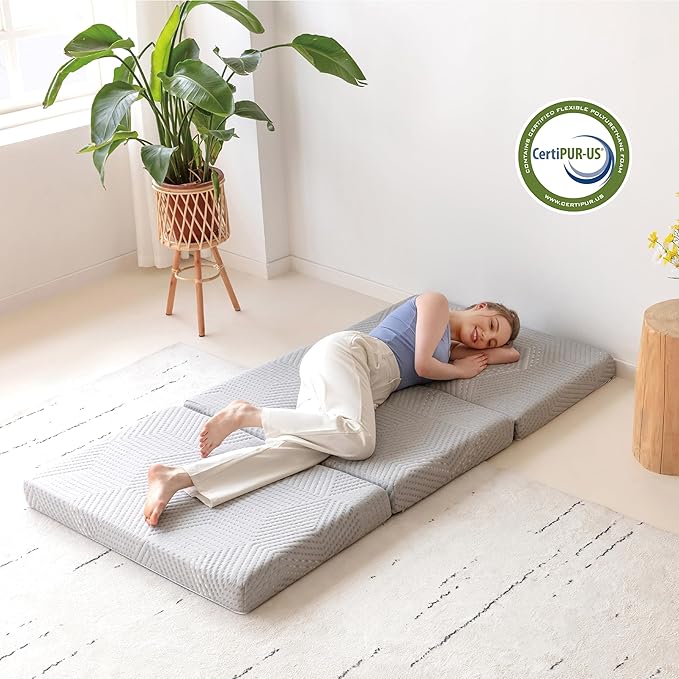 MLILY Tri-Fold Memory Foam Mattress, 4 inch Single Folding Mattress with Collapsible and Washable Cover, Travel and Guest Mat, 75"×25"×4", Grey