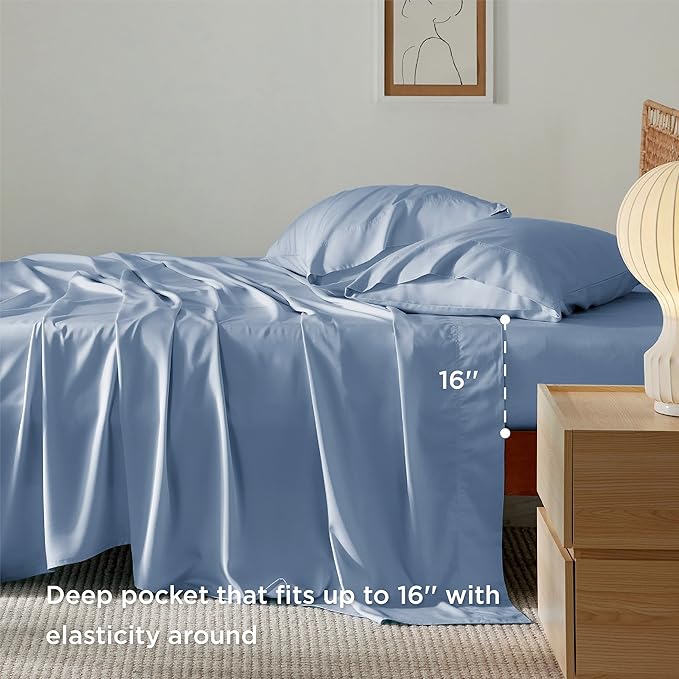 Bedsure King Size Sheets Set, Cooling Sheets for Hot Sleepers, Rayon Derived from Bamboo, Breathable & Soft, Deep Pocket Up to 16 Inches, Hotel Luxury Silky Bedding, Dusty Blue