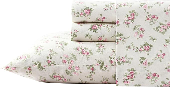 Laura Ashley Home Collection Premium Ultra Soft Cozy Lightweight Cotton Flannel Bedding Sheet Set, Wrinkle, Anti-Fade, Stain Resistant & Hypoallergenic, Full, Audrey Pink (201591)