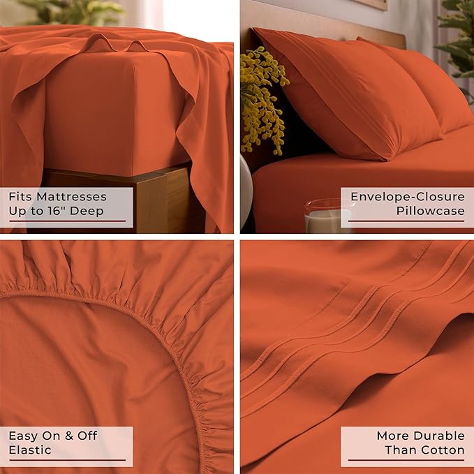 Mellanni Queen Sheets Set - 4 PC Iconic Collection Bedding - Hotel Luxury, Extra Soft, Cooling Bed Sheets - Wrinkle, Fade, Stain Resistant (Queen, Poppy Orange)